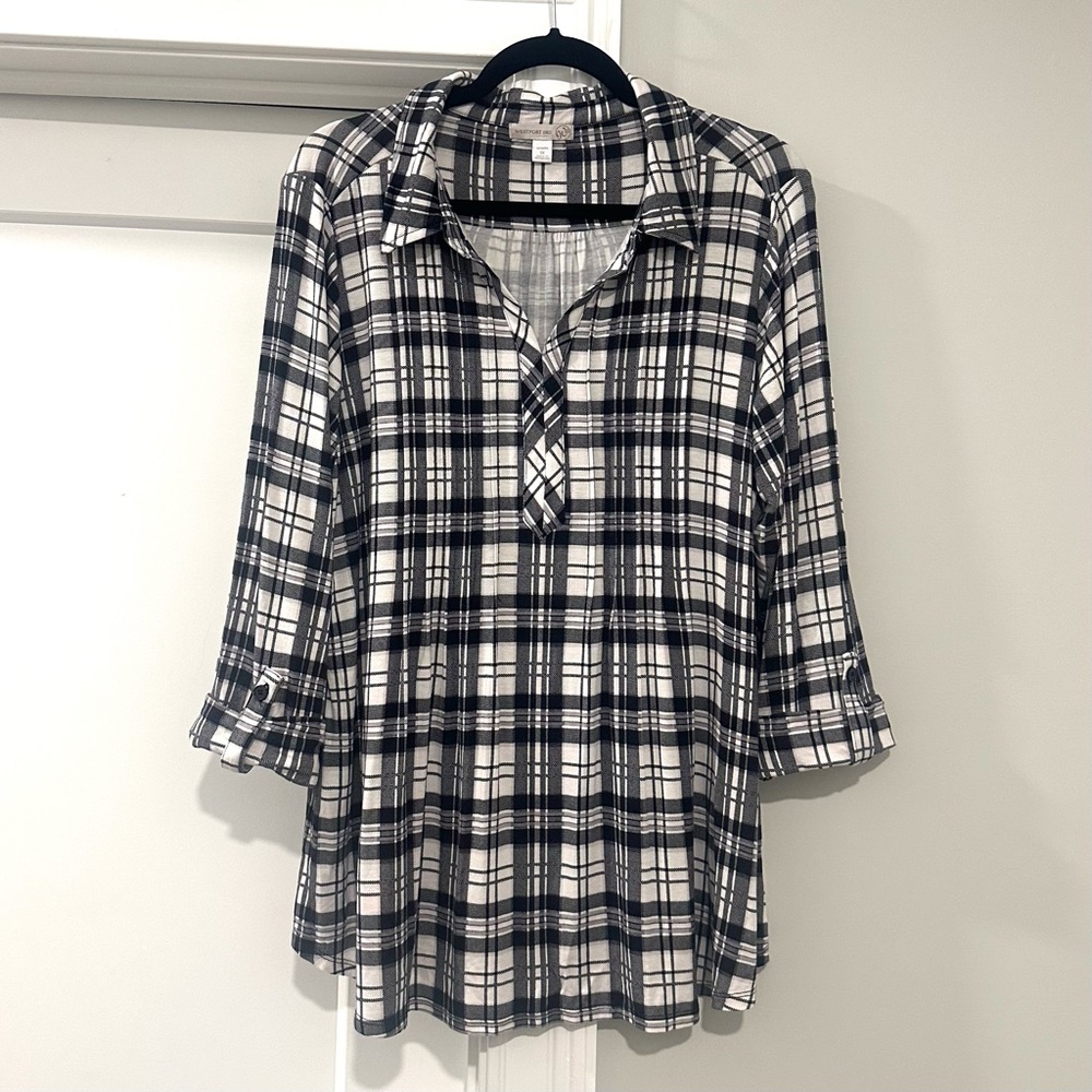 Westport 1962 Women’s Plaid Popover Tunic Top 1X Black White Roll-Tab Sleeve